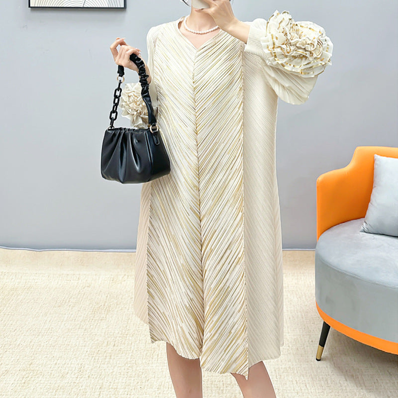ikearlax Cross-Border Sanzhai Women's Clothing Dress plus Size Women's Bronzing Hand Plate Flower Spring Middle-Aged and Elderly Pleated Dress