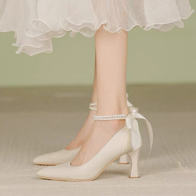 ikearlax High Heels Women Pointed Toe New Bow Fairy Style Mid Heel Chunky Heel Girl Mary Jane Shoes Women