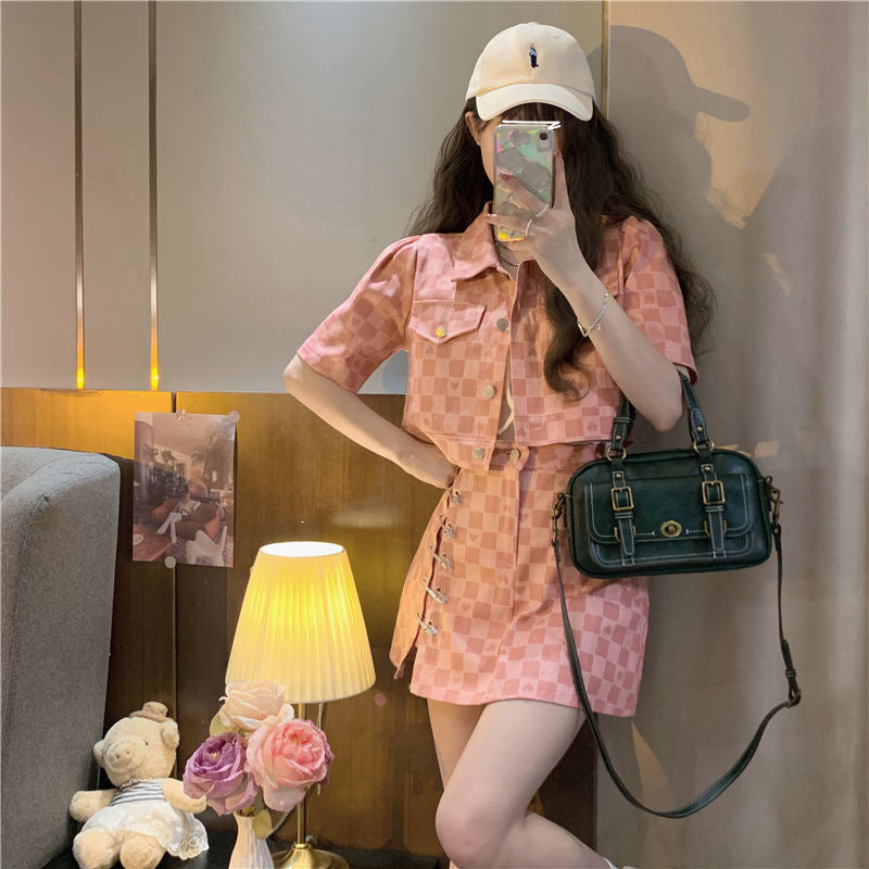 Chanel Suit Women's Summer Wear New Design Sense Love Plaid Short Short Sleeve Jacket Two-Piece Set
