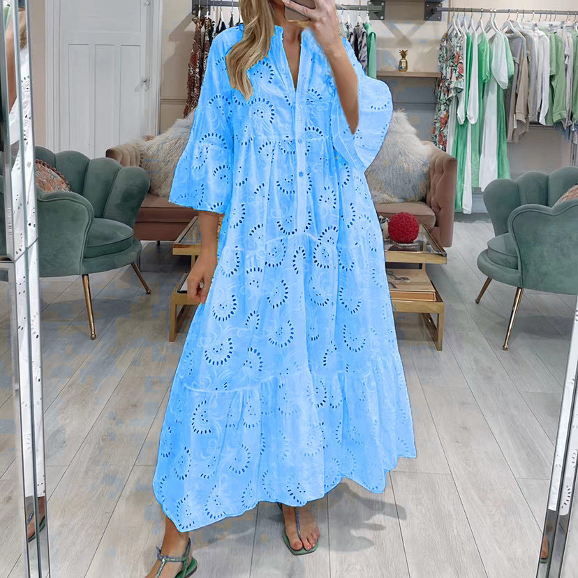 IKEARLAX Cross Border Summer and Autumn Style V-neck Bell Sleeve Lace Hollow out Solid Color Sexy Long Dress Women