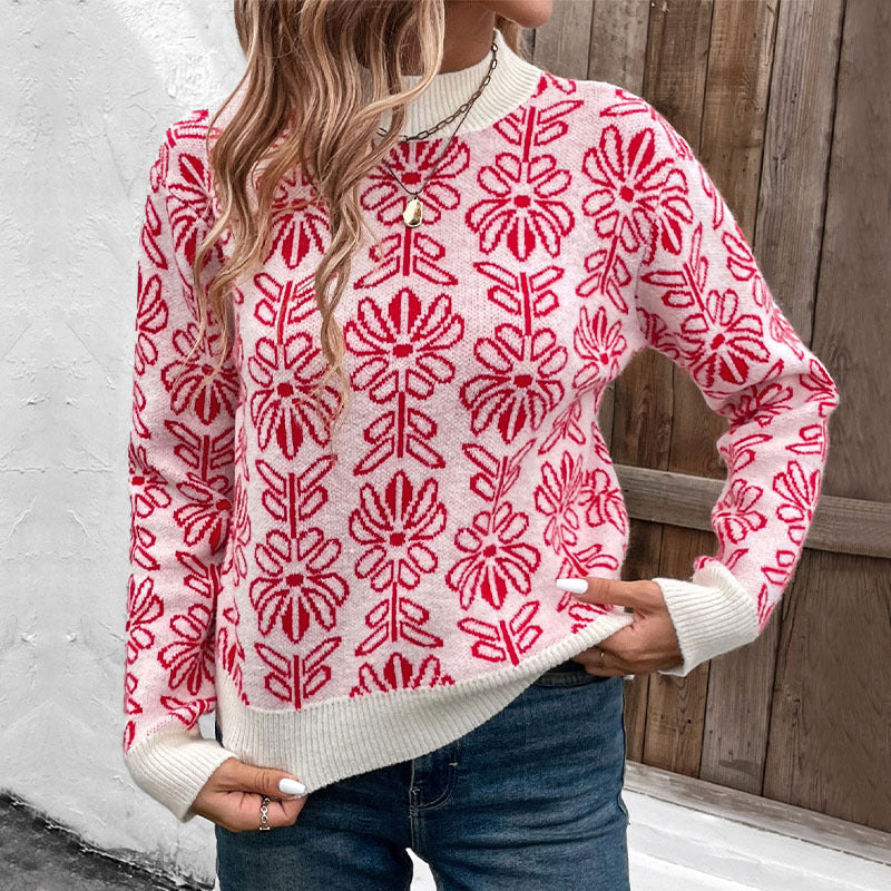 IKEARLAX Valentine's Day semi-turtleneck knitted sweater New autumn and winter 2025 flowers jacquard pink sweater women