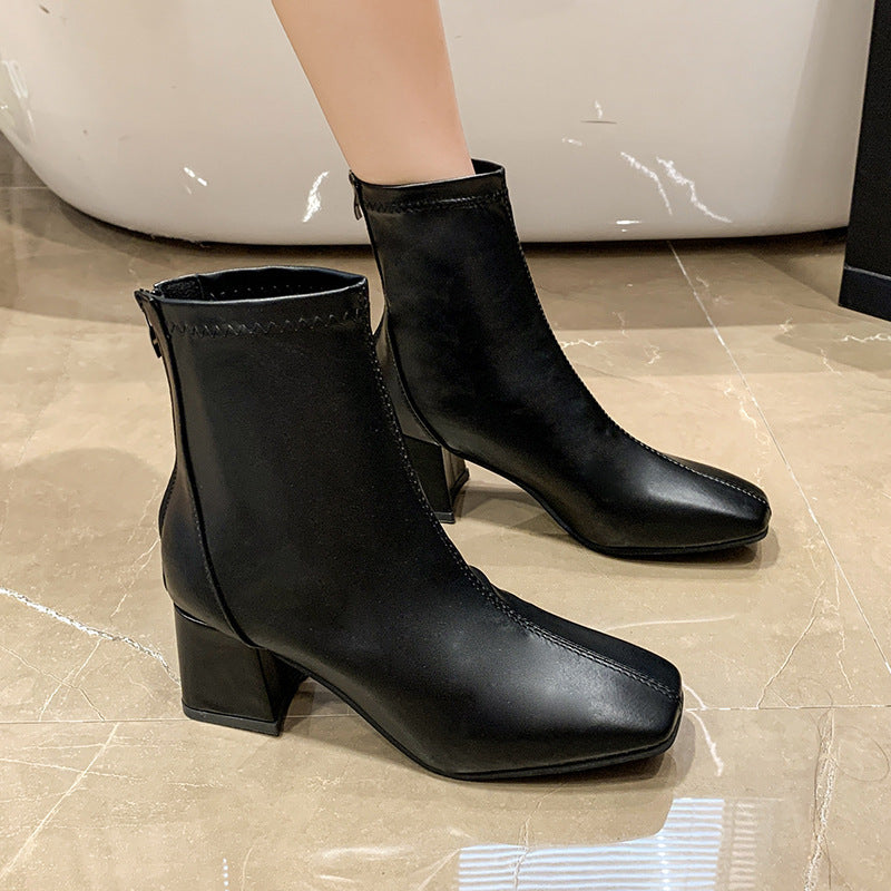 Southeast Asia Fashion Short Boots Autumn and Winter New Korean Style Women's Martin Boots Square Toe Chunky Heel Casual Leather Boots