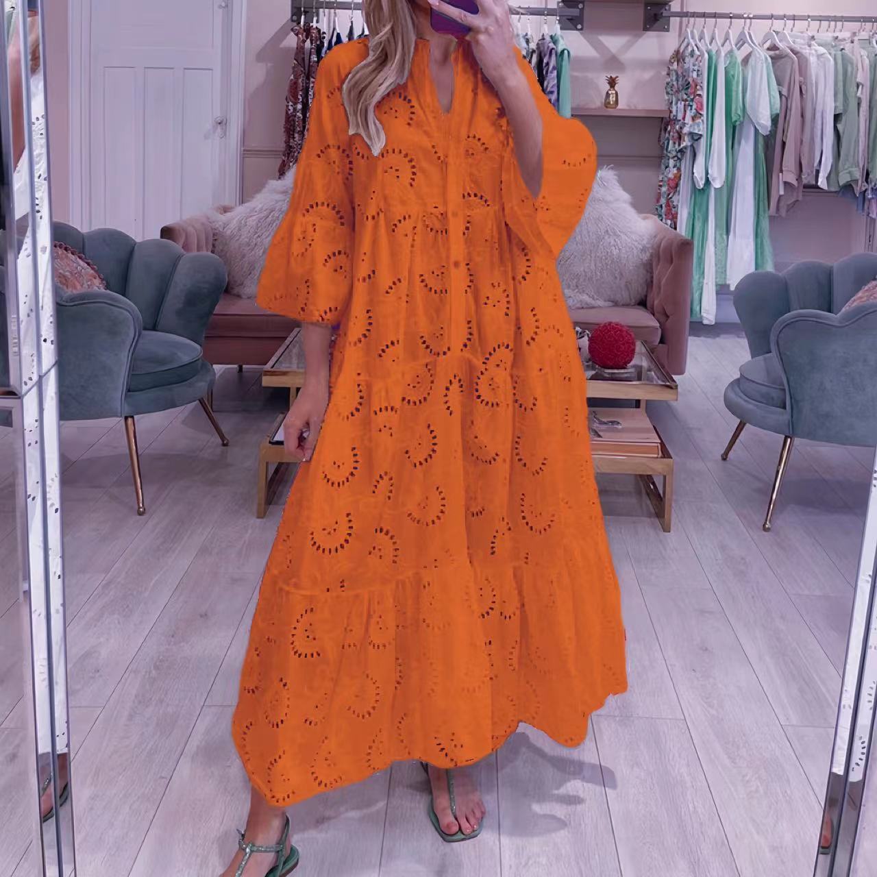 IKEARLAX Cross Border Summer and Autumn Style V-neck Bell Sleeve Lace Hollow out Solid Color Sexy Long Dress Women