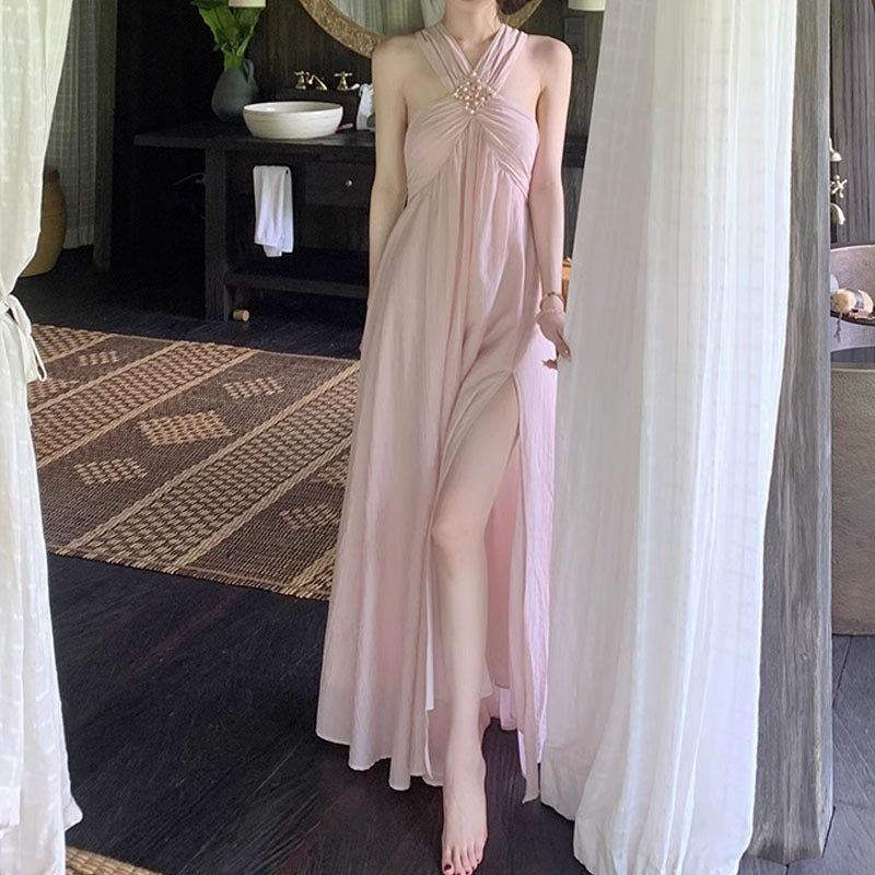 IKEARLAX Yida Goddess Style Holiday Dress Spring/Summer Women's Halter Long Dress New Style Pink