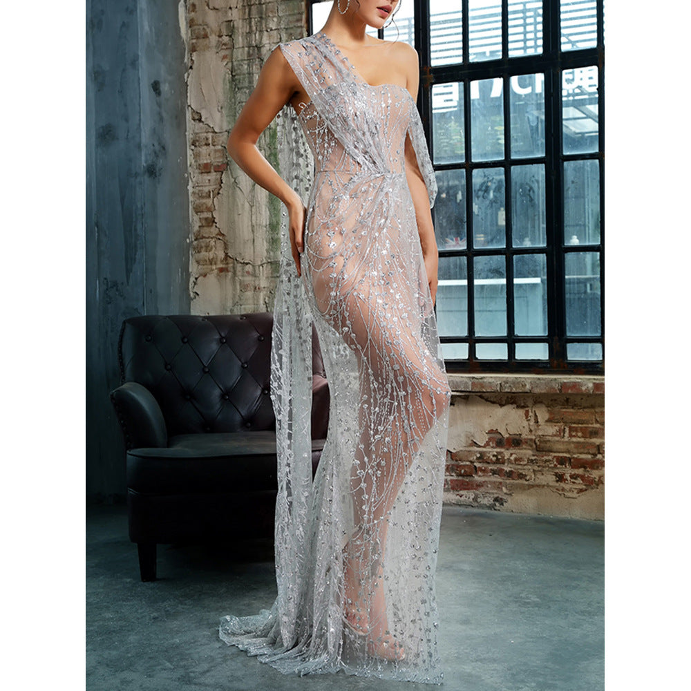IKEARLAX New Ins European and American Foreign Trade Sleeveless Slit Dress Silver Tube Top Panel Pressing Dress