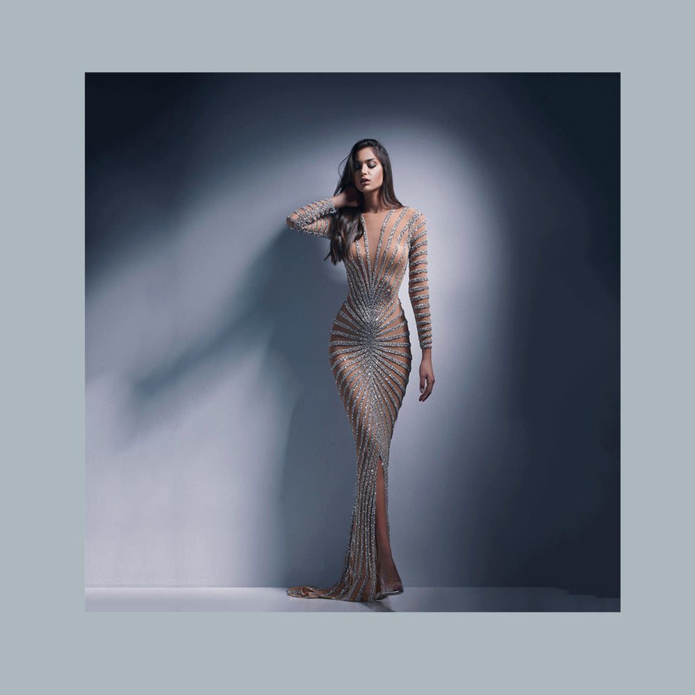 New spring new fashion hot diamond women's clothing mesh perspective long-sleeved split-ended long dress dress