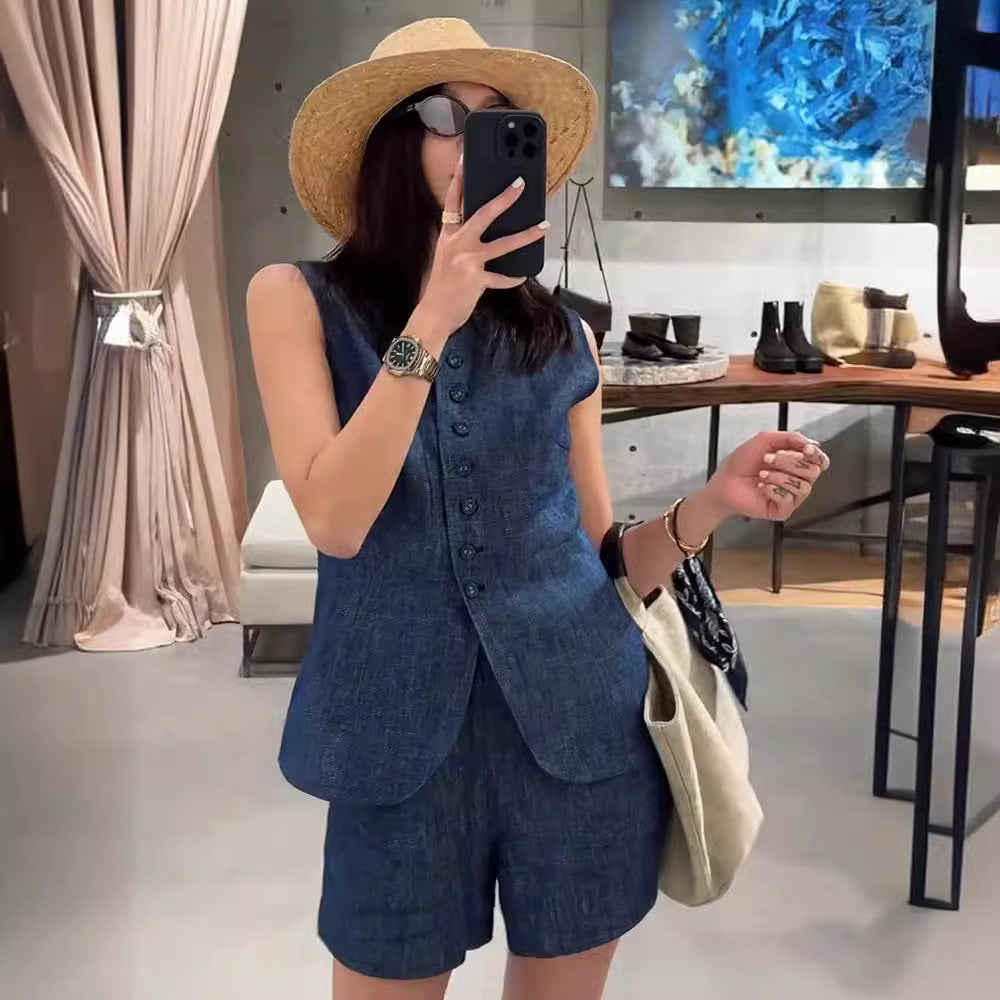 Retro Blue Linen Denim Suit Women's Summer Hong Kong Style Casual Sleeveless Vest Cardigan Shorts Fashion Two-Piece Suit