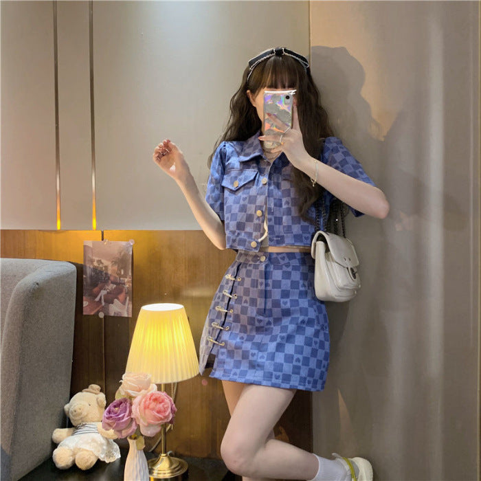 Chanel Suit Women's Summer Wear New Design Sense Love Plaid Short Short Sleeve Jacket Two-Piece Set