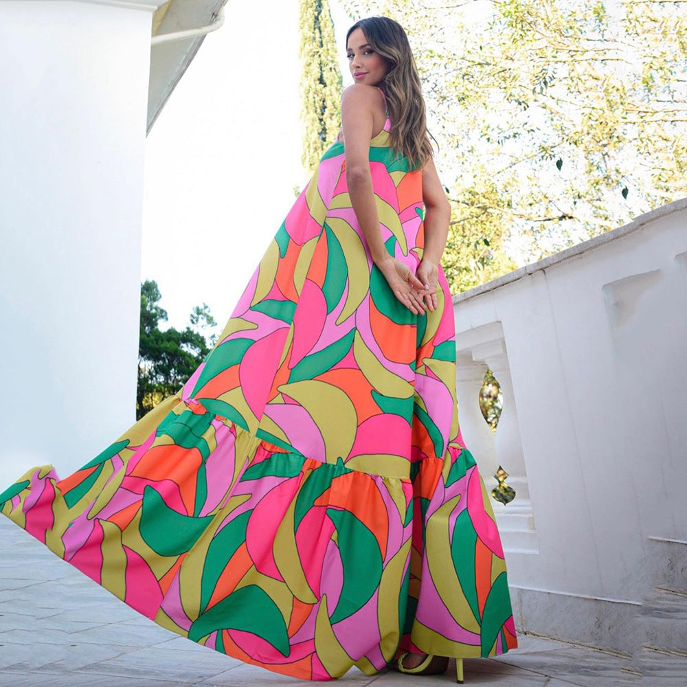 New new spring and summer women's clothing deep V backless dress Bohemian floral suspender long skirt
