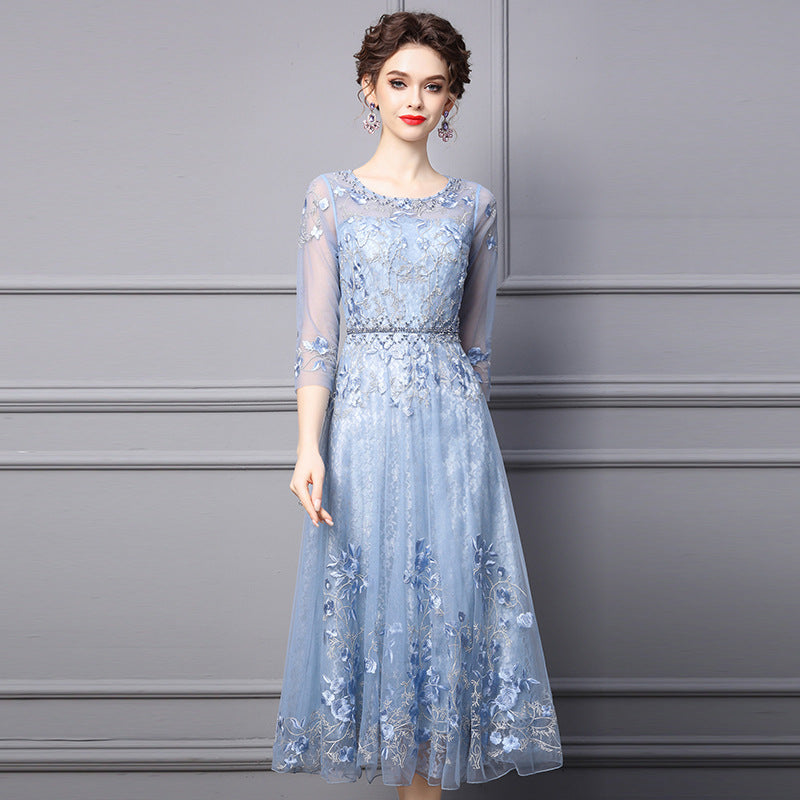 ikearlax Zhili Temperament Dress Women's Spring and Autumn New Fairy Style High-End Rhinestone Embroidery Long Formal Dress plus Size
