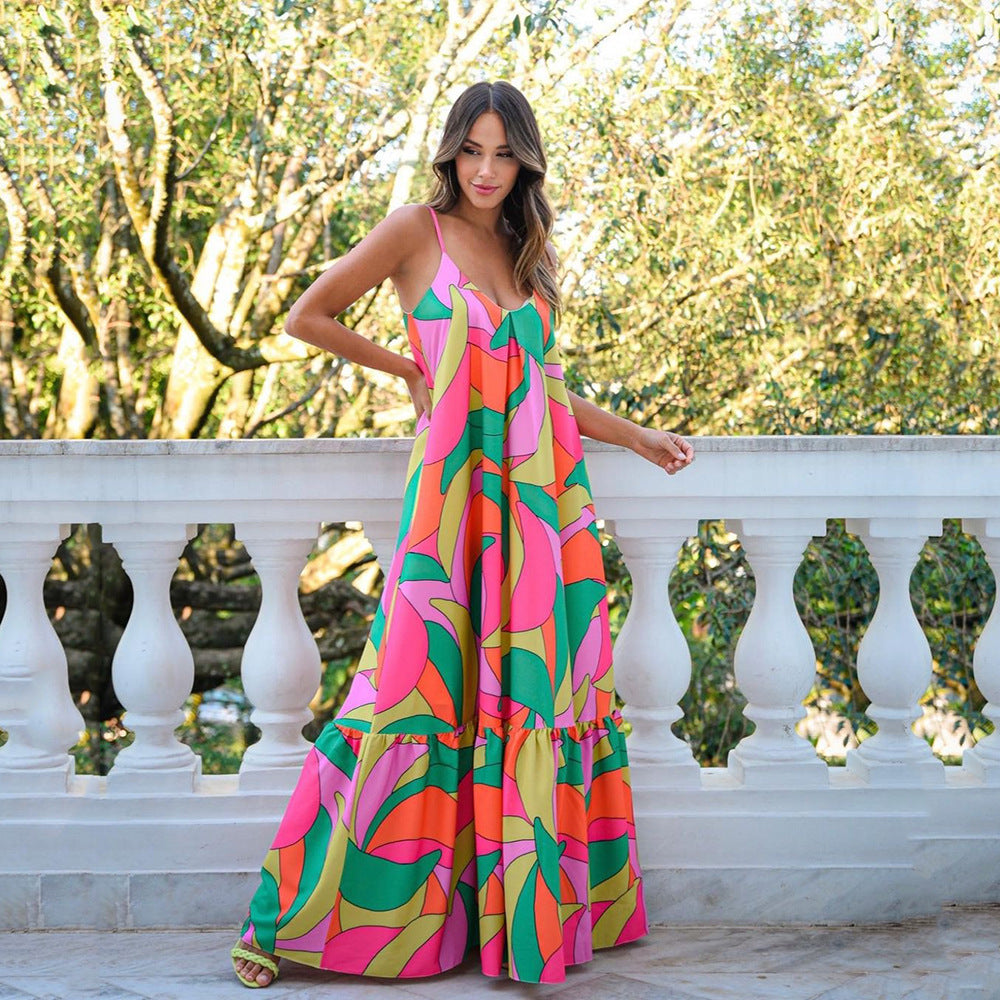 New new spring and summer women's clothing deep V backless dress Bohemian floral suspender long skirt