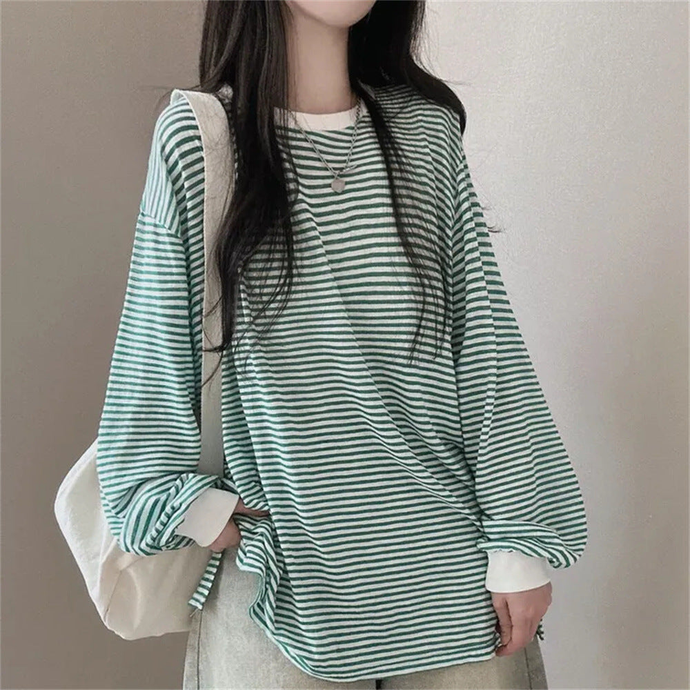 IKEARLAXManufacturer reversion Korean version crew neck striped sweater women's spring and autumn thin jacket trendy brand velvet Internet celebrity loose design sense