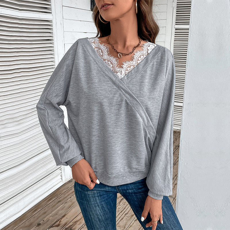 IKEARLAX cross-border women's clothing New autumn 2025 popular V-neck sweater lace splicing top fashion pullover T-shirt