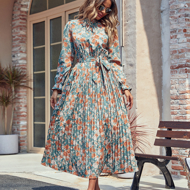 IKEARLAX independent station 2025 trade New autumn and winter new cross-border women's clothing 2025 printed dress long pleated skirt