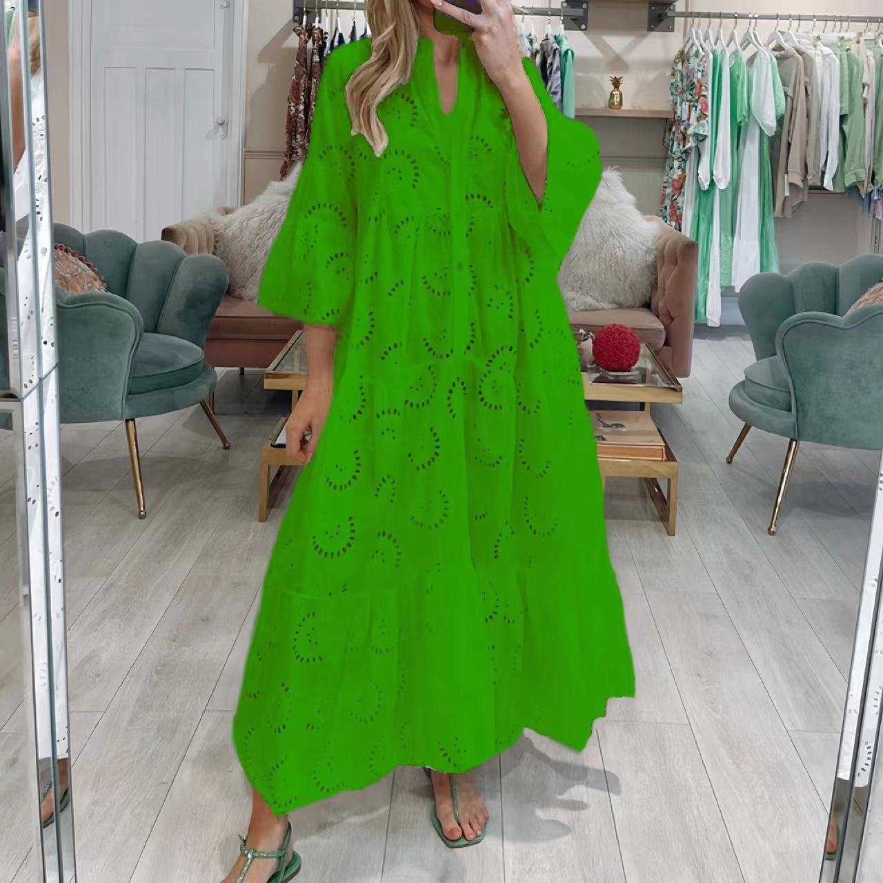 IKEARLAX Cross Border Summer and Autumn Style V-neck Bell Sleeve Lace Hollow out Solid Color Sexy Long Dress Women