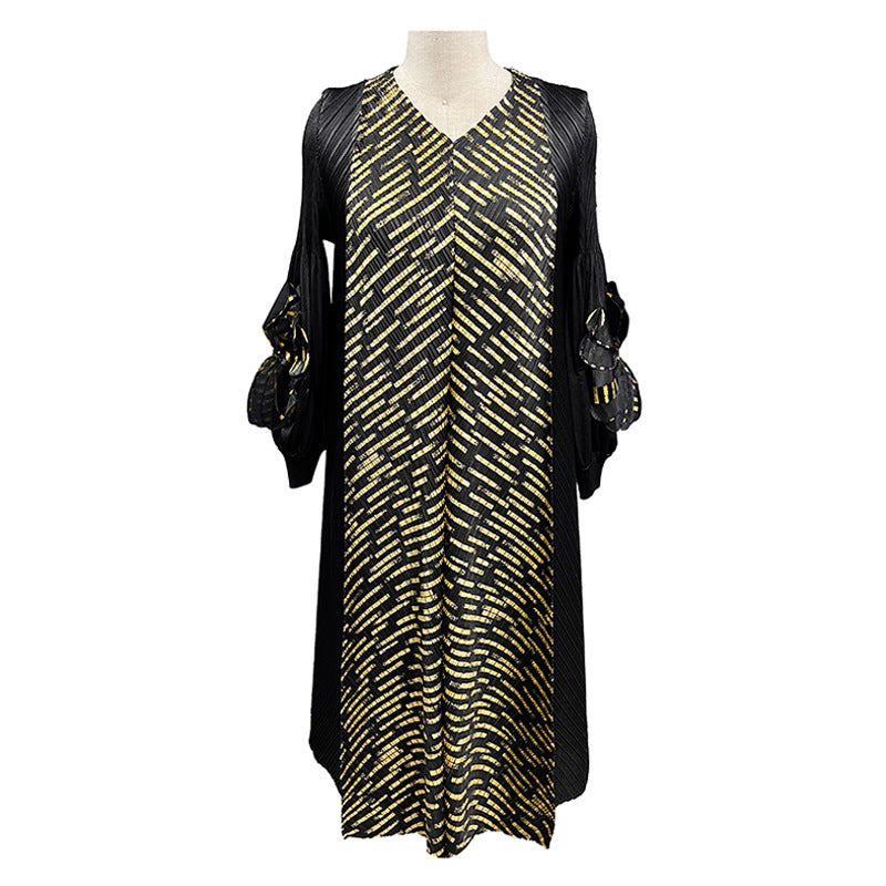 ikearlax Cross-Border Sanzhai Women's Clothing Dress plus Size Women's Bronzing Hand Plate Flower Spring Middle-Aged and Elderly Pleated Dress