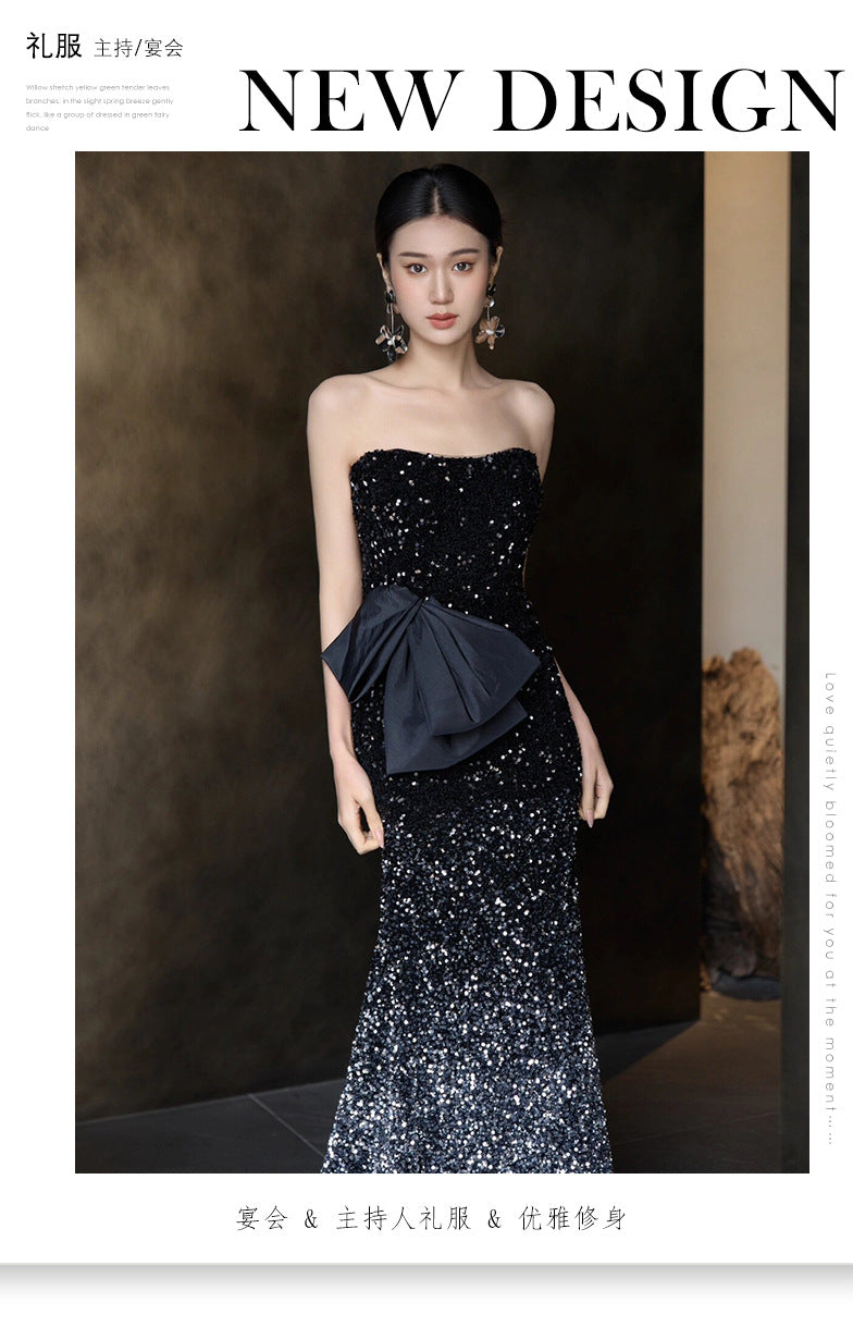 IKEARLAX Tube Top Evening Dress Light Luxury Minority Art Exam Advanced Sense Gradient Morning Gowns Sequined Host Ladies Banquet Dress