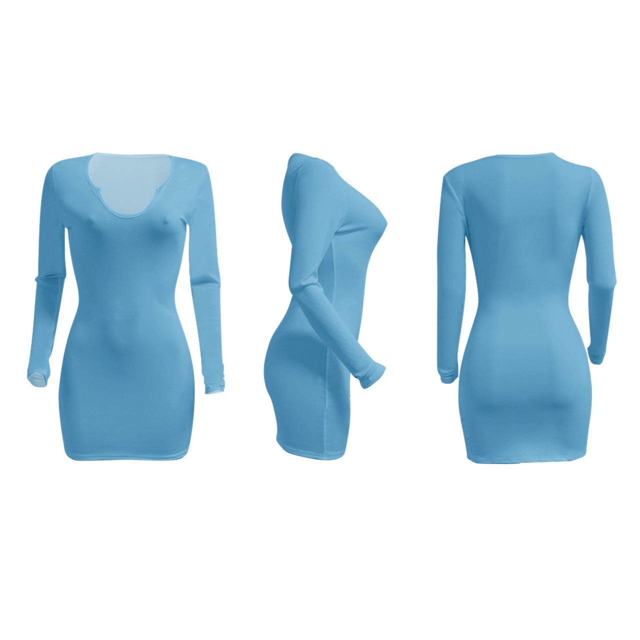 IKEARLAX Q21s912 European and American Women's Clothing Women's Clothing Spring/Summer Deep V-neck Slim-Fit Sexy Long-Sleeved Short Skirt Dress