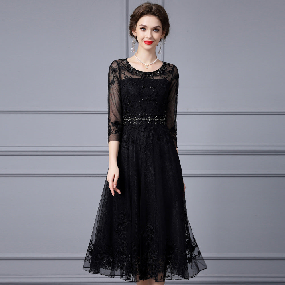 ikearlax Zhili Temperament Dress Women's Spring and Autumn New Fairy Style High-End Rhinestone Embroidery Long Formal Dress plus Size