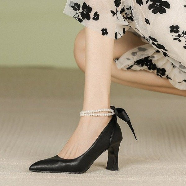 ikearlax High Heels Women Pointed Toe New Bow Fairy Style Mid Heel Chunky Heel Girl Mary Jane Shoes Women