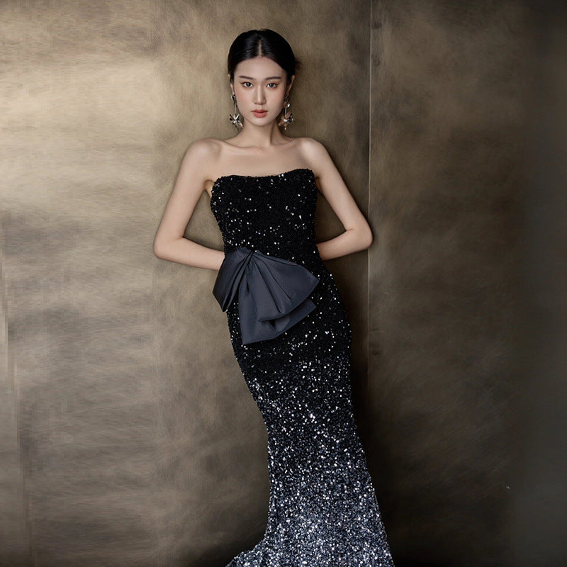 IKEARLAX Tube Top Evening Dress Light Luxury Minority Art Exam Advanced Sense Gradient Morning Gowns Sequined Host Ladies Banquet Dress