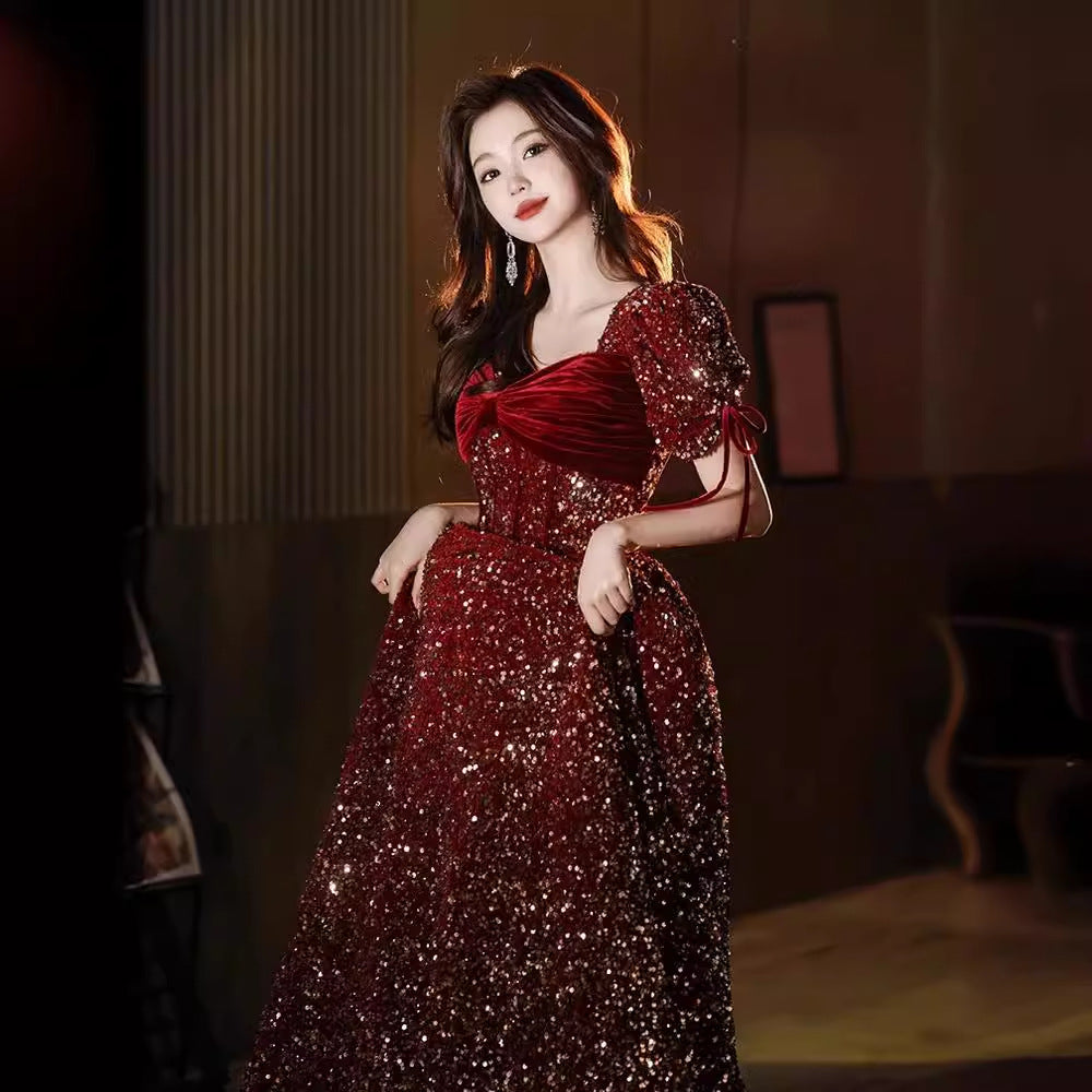 IKEARLAX Red Toast Dress Bride High-Grade Little Engagement Dress Wedding Dress Sequined Princess on the Run