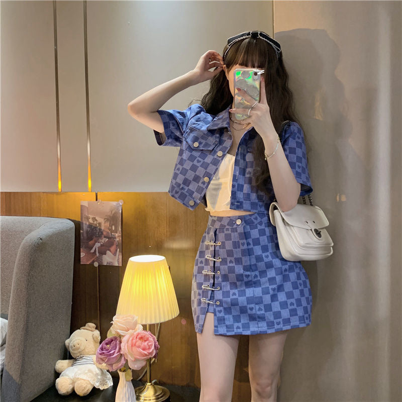 Chanel Suit Women's Summer Wear New Design Sense Love Plaid Short Short Sleeve Jacket Two-Piece Set
