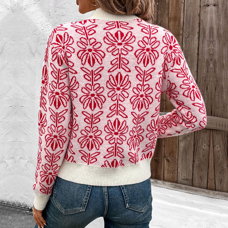 IKEARLAX Valentine's Day semi-turtleneck knitted sweater New autumn and winter 2025 flowers jacquard pink sweater women