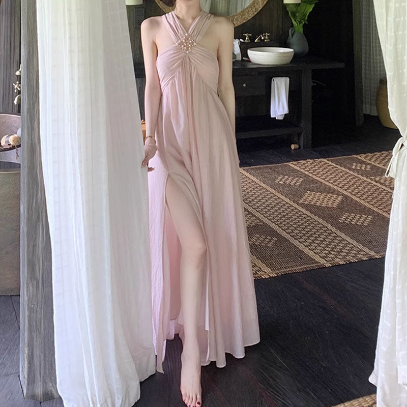 IKEARLAX Yida Goddess Style Holiday Dress Spring/Summer Women's Halter Long Dress New Style Pink