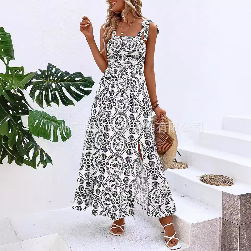 2025 Popular, , New women's clothing summer new fashion suspender printing sleeveless split long dress