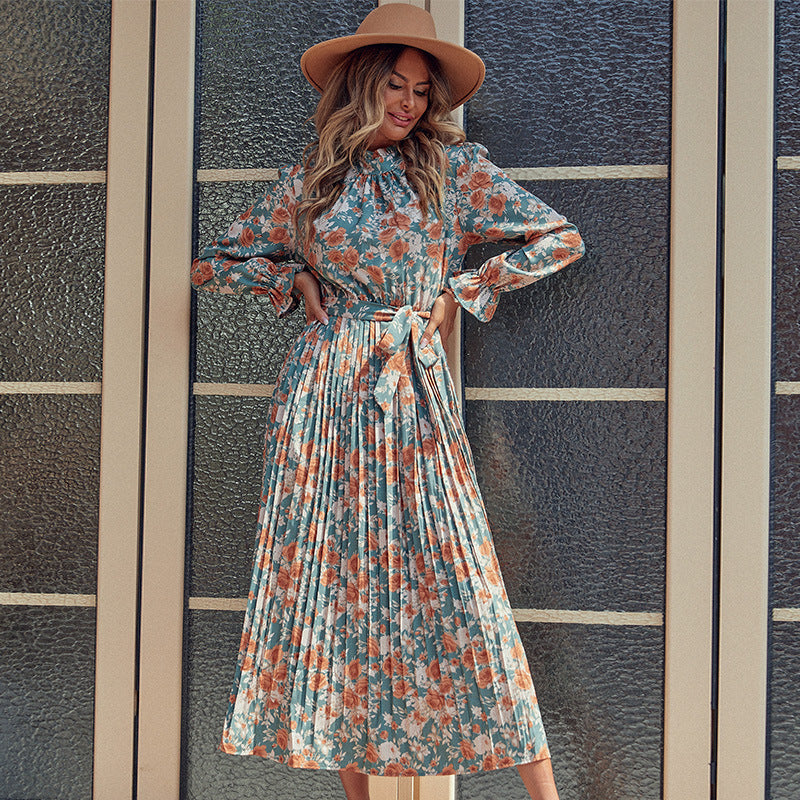 IKEARLAX independent station 2025 trade New autumn and winter new cross-border women's clothing 2025 printed dress long pleated skirt