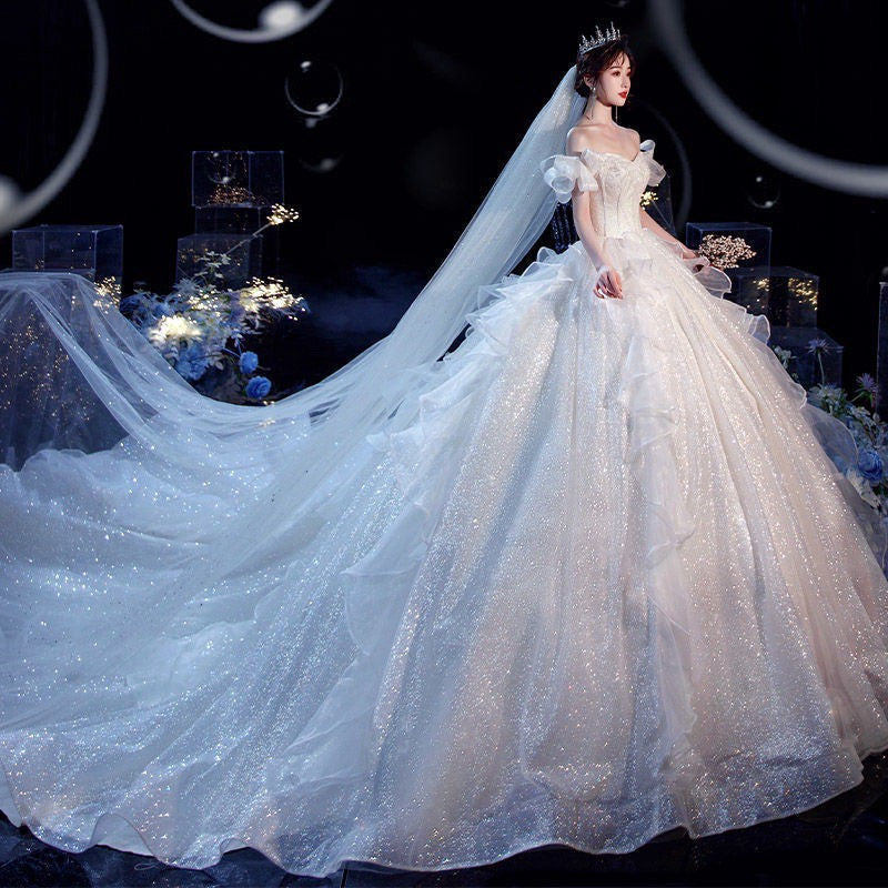 IKEARLAX Wedding Dress Wholesale Temperament Main Wedding Dress Mori Style New Small Tail off-Shoulder Dream Thin Long Floor-Length