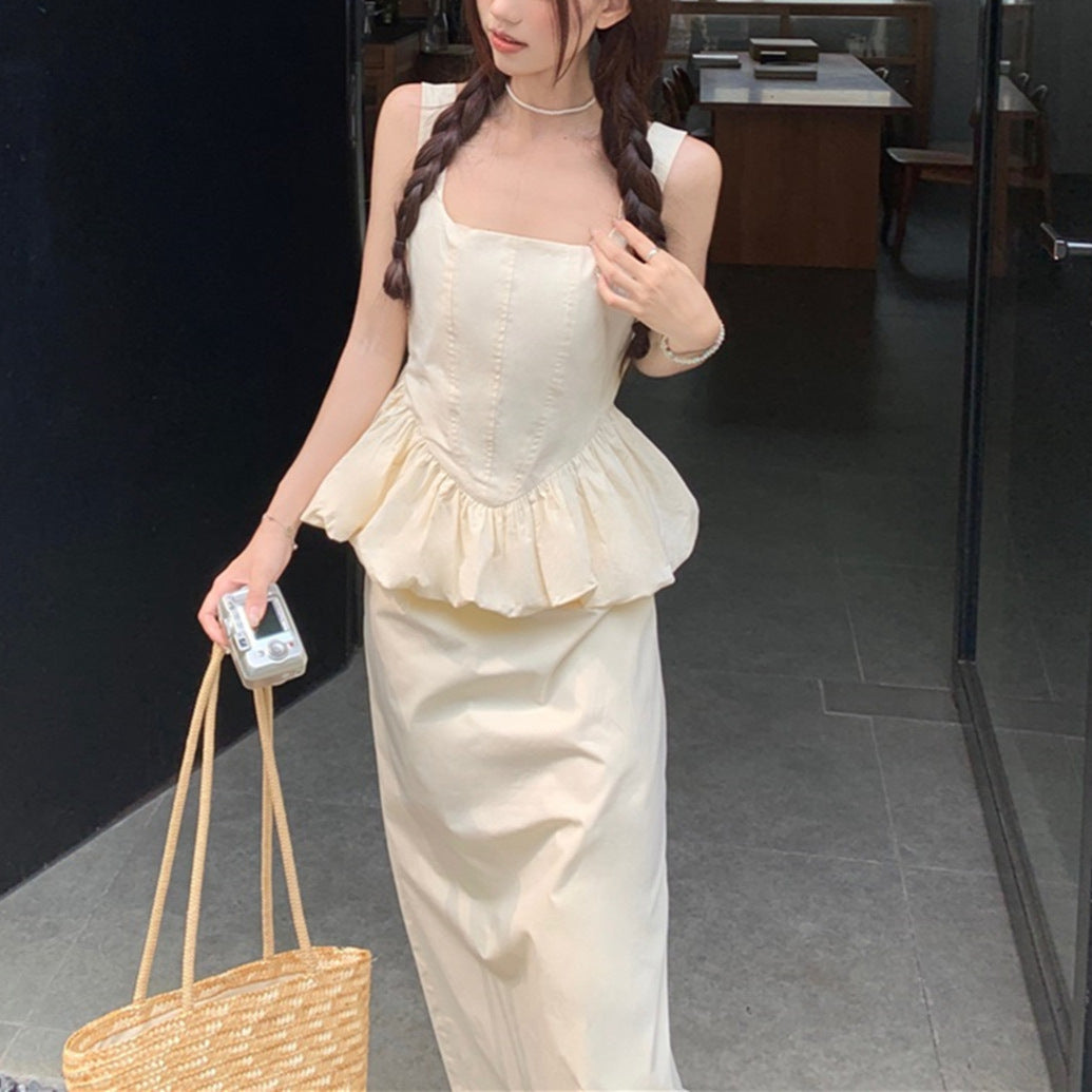 Cloud Slimming Graceful and Fashionable White Suit Summer Design Blouse Half-Length Dress Two-Piece Set