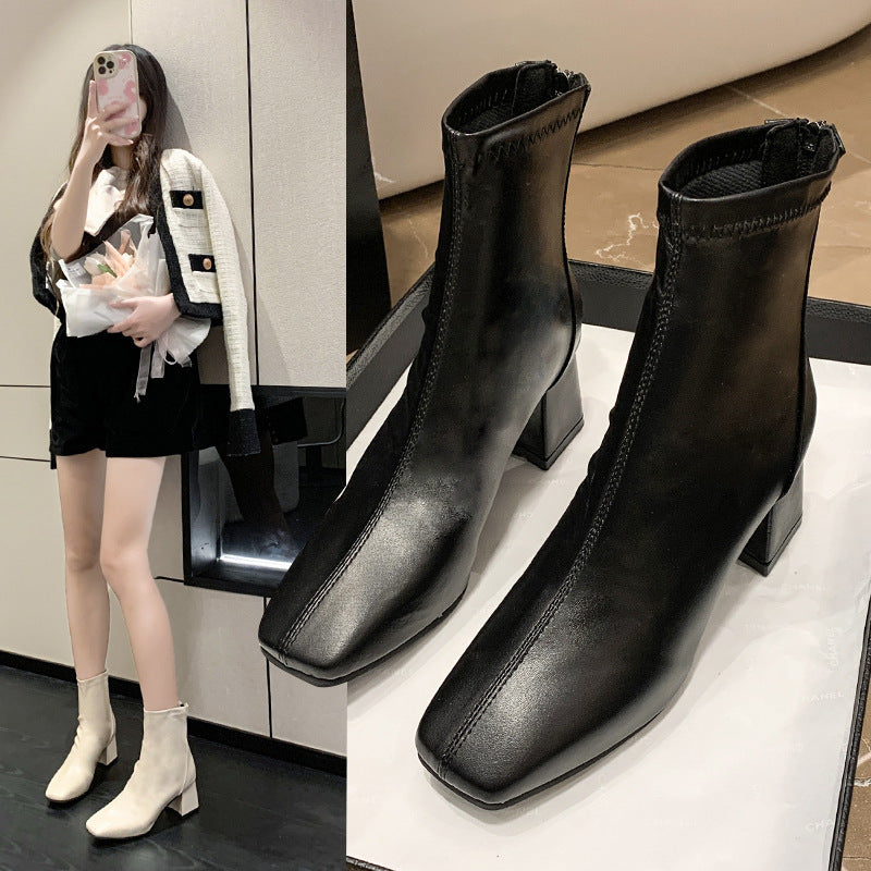 Southeast Asia Fashion Short Boots Autumn and Winter New Korean Style Women's Martin Boots Square Toe Chunky Heel Casual Leather Boots