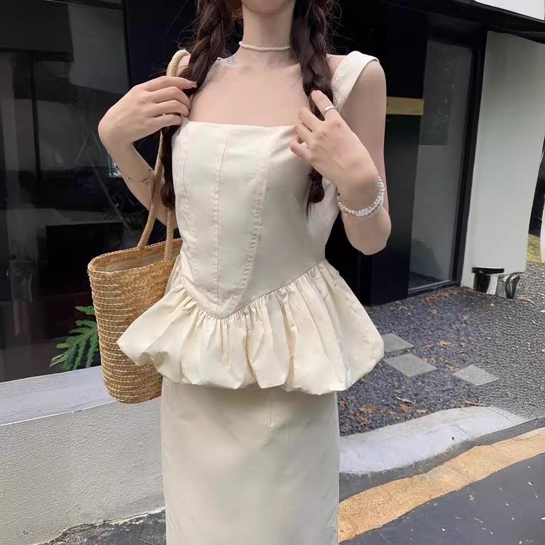 Cloud Slimming Graceful and Fashionable White Suit Summer Design Blouse Half-Length Dress Two-Piece Set