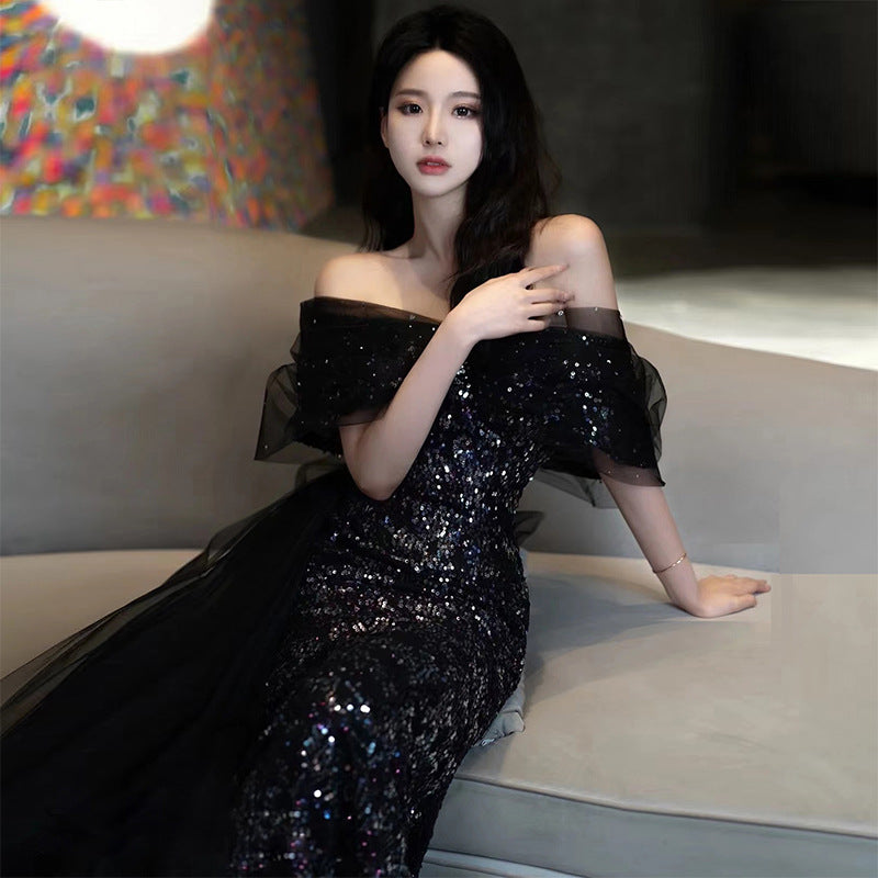 IKEARLAX Fishtail Banquet Evening Dress New Entry Lux Niche Temperament Catwalk Performance Costumes off-the-Shoulder Gown Black