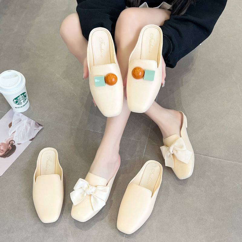 Socialite Style Closed Toe Half Slippers Women's Spring/Summer New Outdoor Simple Lazy Home Flat Slippers Internet Celebrity