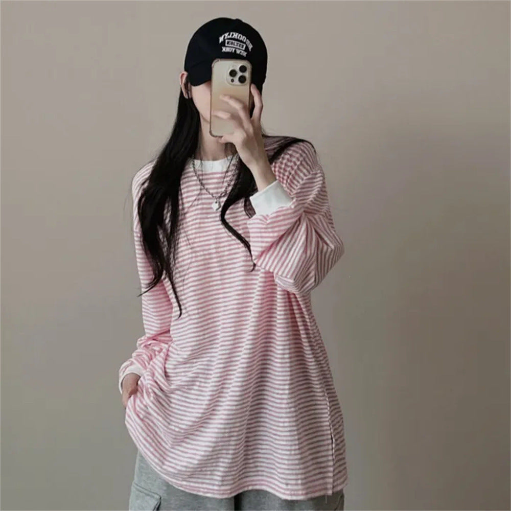 IKEARLAXManufacturer reversion Korean version crew neck striped sweater women's spring and autumn thin jacket trendy brand velvet Internet celebrity loose design sense