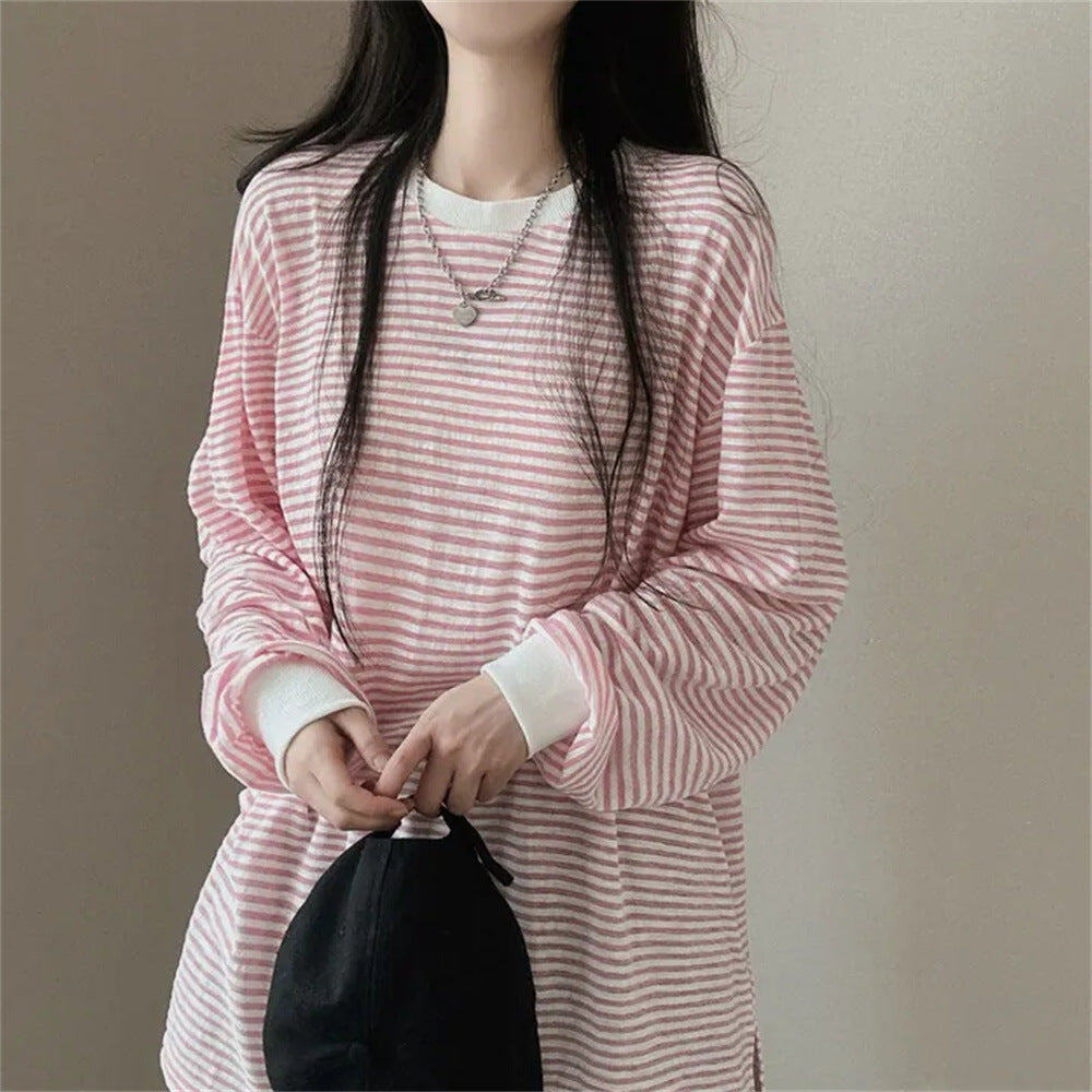 IKEARLAXManufacturer reversion Korean version crew neck striped sweater women's spring and autumn thin jacket trendy brand velvet Internet celebrity loose design sense