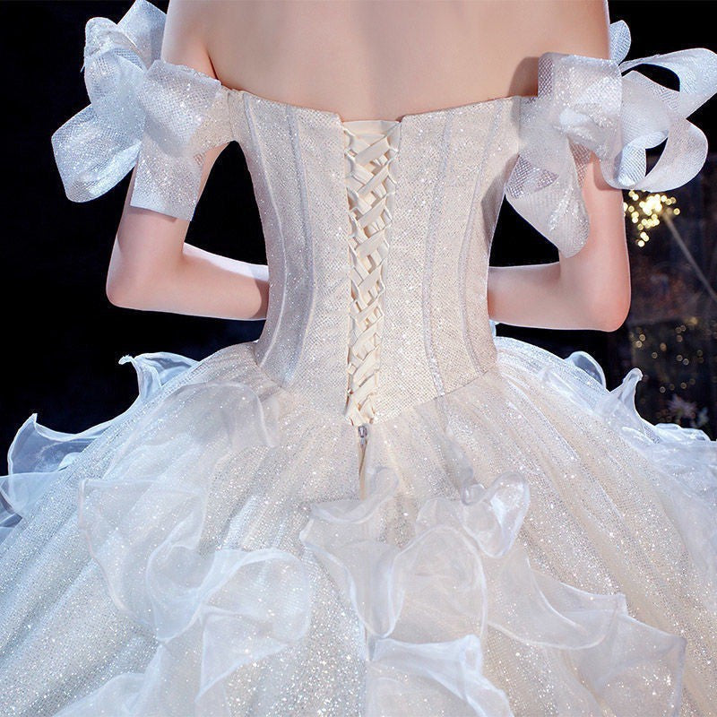 IKEARLAX Wedding Dress Wholesale Temperament Main Wedding Dress Mori Style New Small Tail off-Shoulder Dream Thin Long Floor-Length