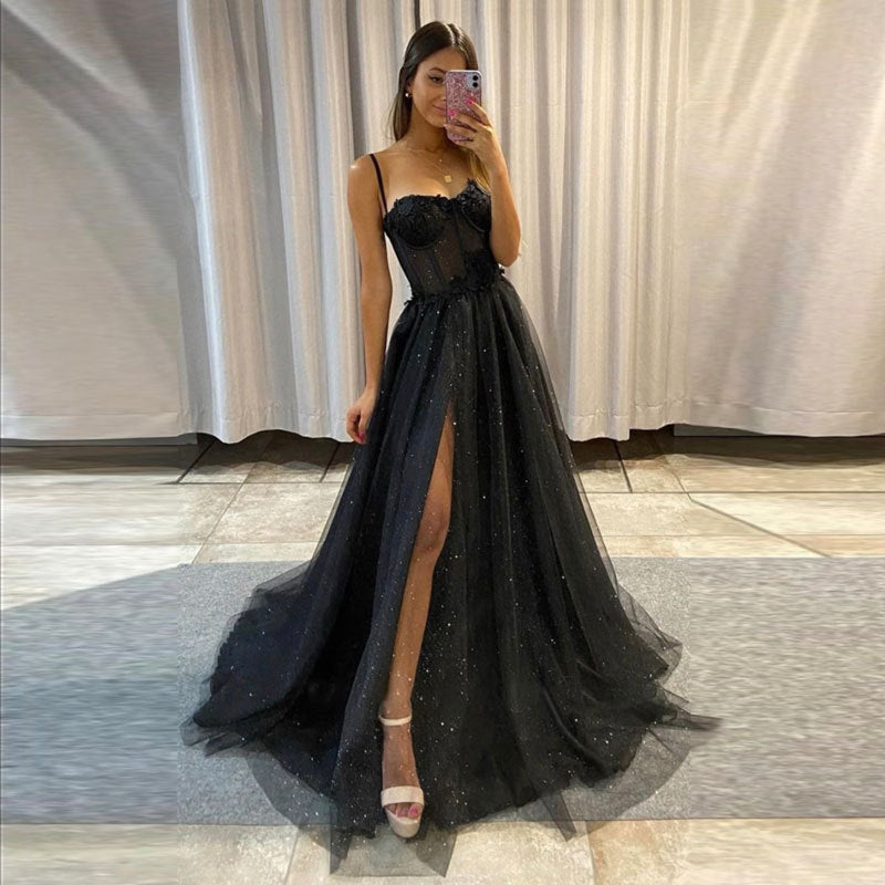 IKEARLAX European and American Foreign Trade Wish Sexy New Long Elegant Sexy Black Bottoming Dress