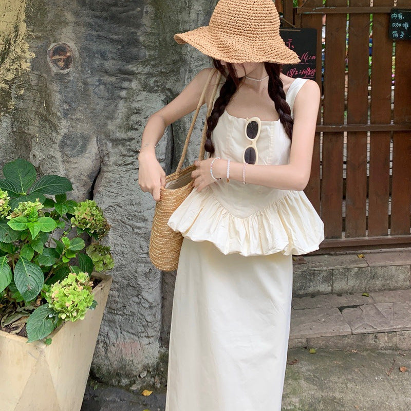 Cloud Slimming Graceful and Fashionable White Suit Summer Design Blouse Half-Length Dress Two-Piece Set