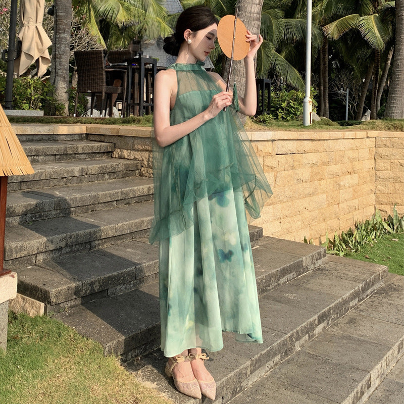 2025 Morning robe female bride fairy neck dress high-end mesh new Chinese light dress morning shot niche can be worn at ordinary times