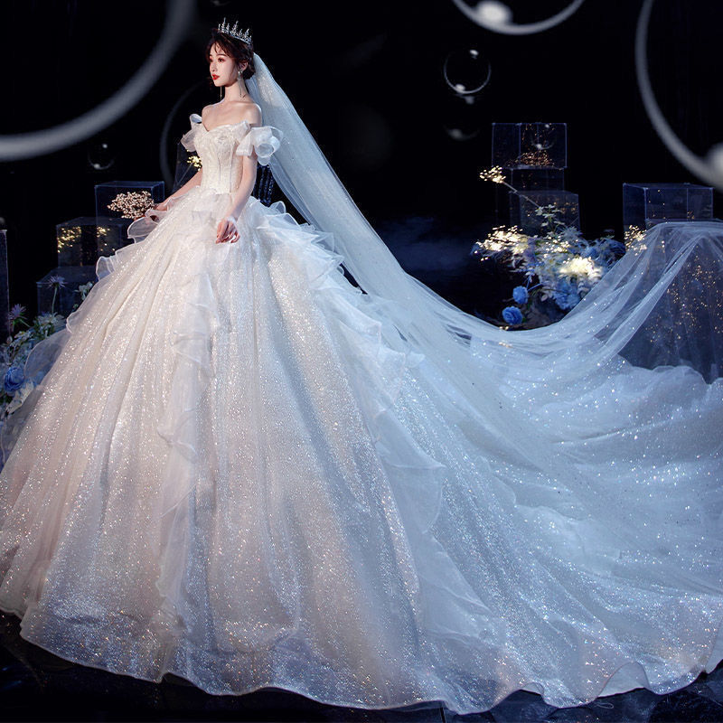 IKEARLAX Wedding Dress Wholesale Temperament Main Wedding Dress Mori Style New Small Tail off-Shoulder Dream Thin Long Floor-Length