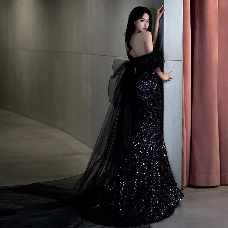 IKEARLAX Fishtail Banquet Evening Dress New Entry Lux Niche Temperament Catwalk Performance Costumes off-the-Shoulder Gown Black