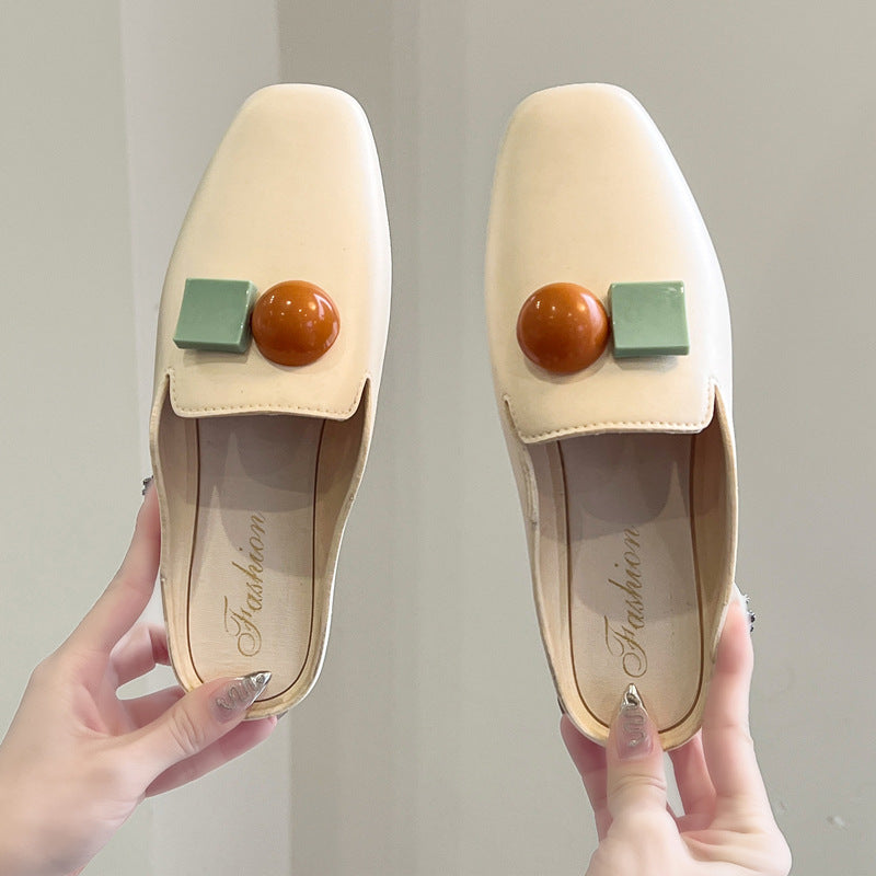 Socialite Style Closed Toe Half Slippers Women's Spring/Summer New Outdoor Simple Lazy Home Flat Slippers Internet Celebrity