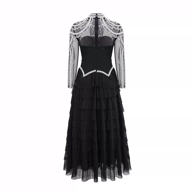 ikearlax 24 New Heavy Goddess Temperament Mesh Handmade Beaded Gorgeous Eye-Catching Banquet Evening Dress Tiered-Ruffle Long Dress