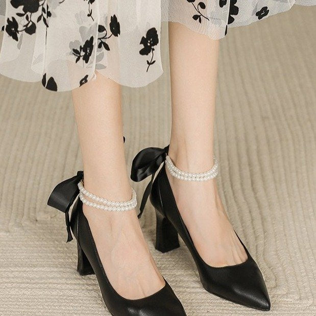 ikearlax High Heels Women Pointed Toe New Bow Fairy Style Mid Heel Chunky Heel Girl Mary Jane Shoes Women