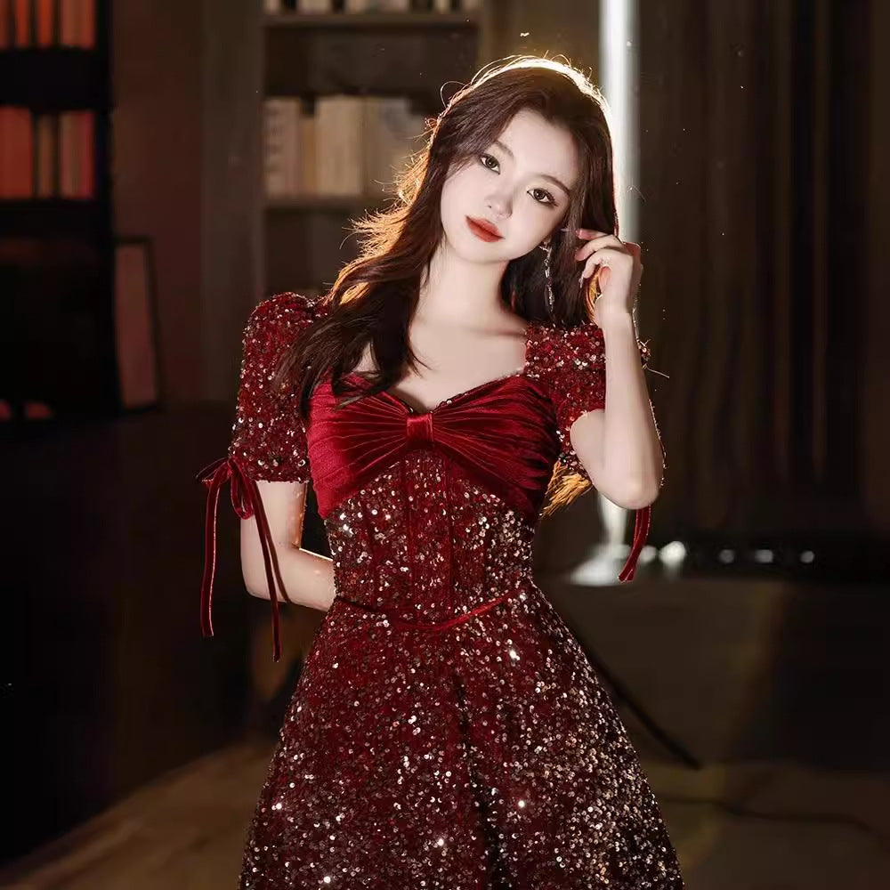 IKEARLAX Red Toast Dress Bride High-Grade Little Engagement Dress Wedding Dress Sequined Princess on the Run