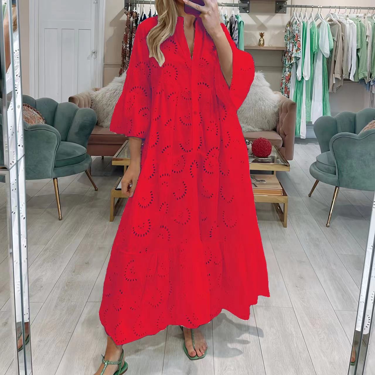IKEARLAX Cross Border Summer and Autumn Style V-neck Bell Sleeve Lace Hollow out Solid Color Sexy Long Dress Women